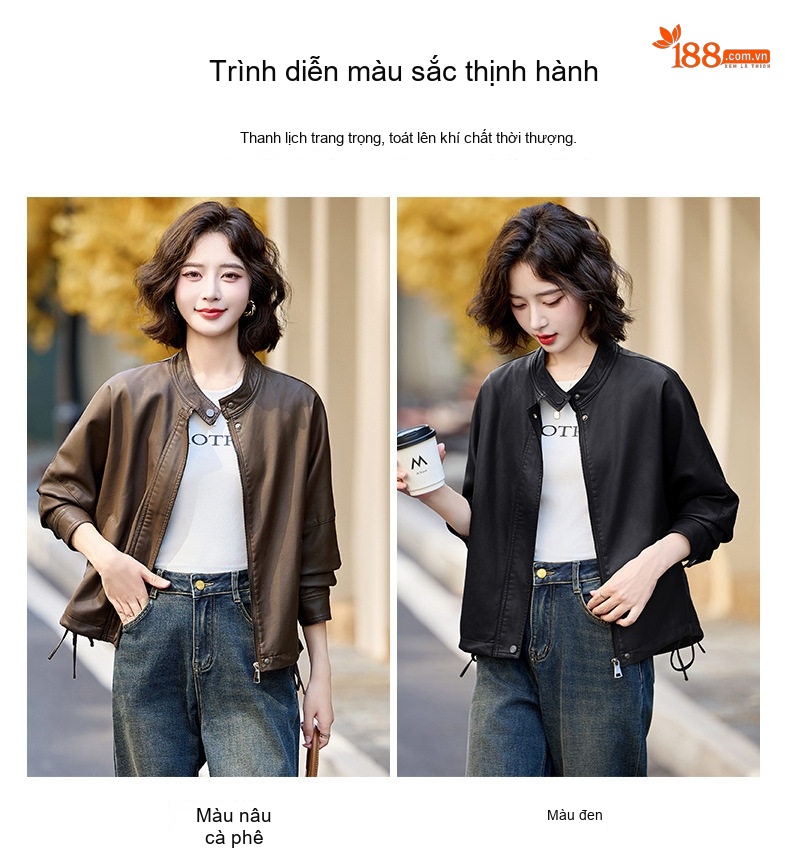 Áo Khoác Bomber Nữ Da PU Dáng Ngắn Rộng Kiểu Retro Màu Nâu, Đen chi tiết 10