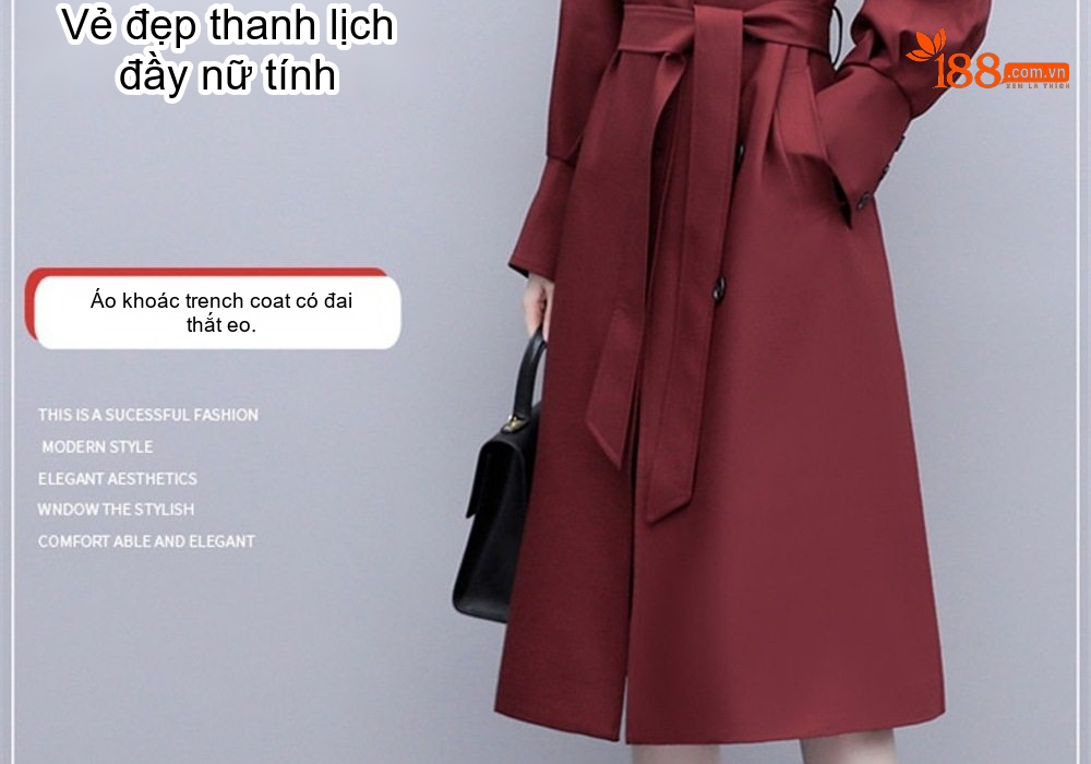 Áo Khoác Gió Nữ Dáng Dài Thanh Lịch Màu Đỏ, Be chi tiết 6