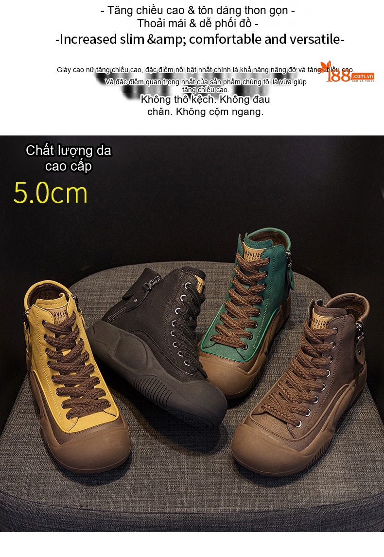 Giày Boot Nữ Cổ Cao Dây Buộc Phong Cách Retro Chiều Cao Đế Khoảng 4cm Màu Vàng, Xanh Lá, Nâu, Đen... chi tiết 2