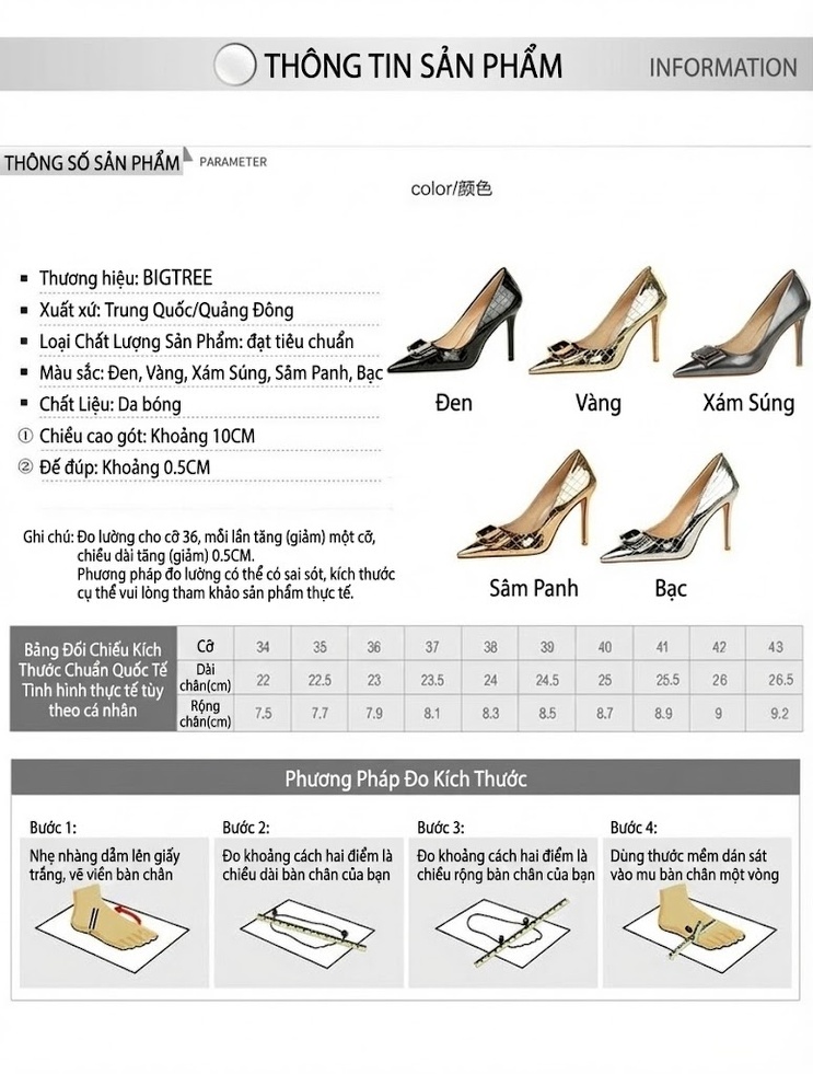 Giày Cao Gót Nữ Da Bóng Mũi Nhọn Chiều Cao Đế Khoảng 8cm Quai Kim Loại Màu Đen, Bạc, Vàng chi tiết 1