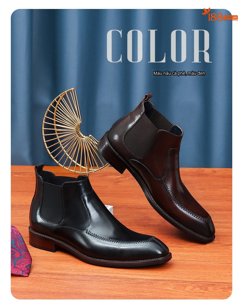 Giày Chelsea Boot Nam Da Bóng Cao Cổ Mũi Nhọn Chiều Cao Đế Khoảng 3cm Màu Đen, Nâu chi tiết 2