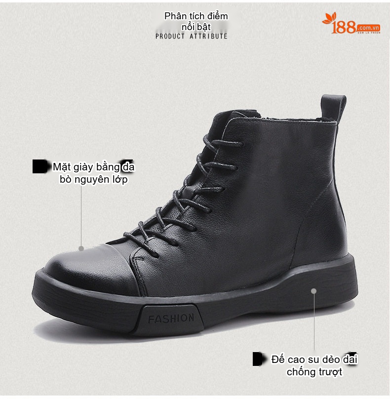 Boot Nữ Da Bò Cổ Lửng Khóa Bên Hông Chiều Cao Đế Khoảng 3cm Màu Đen, Nâu chi tiết 3