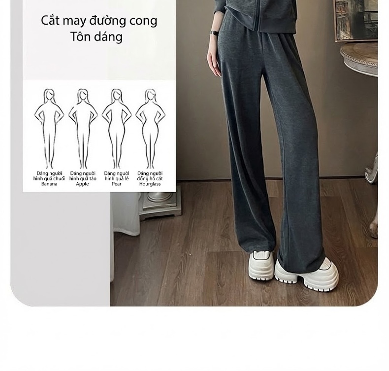 Bộ Đồ Thu Đông Nữ Áo Khoác Có Mũ Quần Ống Rộng Phong Cách Thể Thao Màu Xám chi tiết 6
