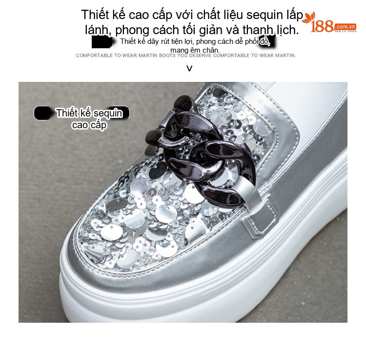 Giày Lười Nữ Đế Bánh Mì Da Bóng Lấp Lánh Chiều Cao Đế 8cm Màu Đen, Bạc chi tiết 9