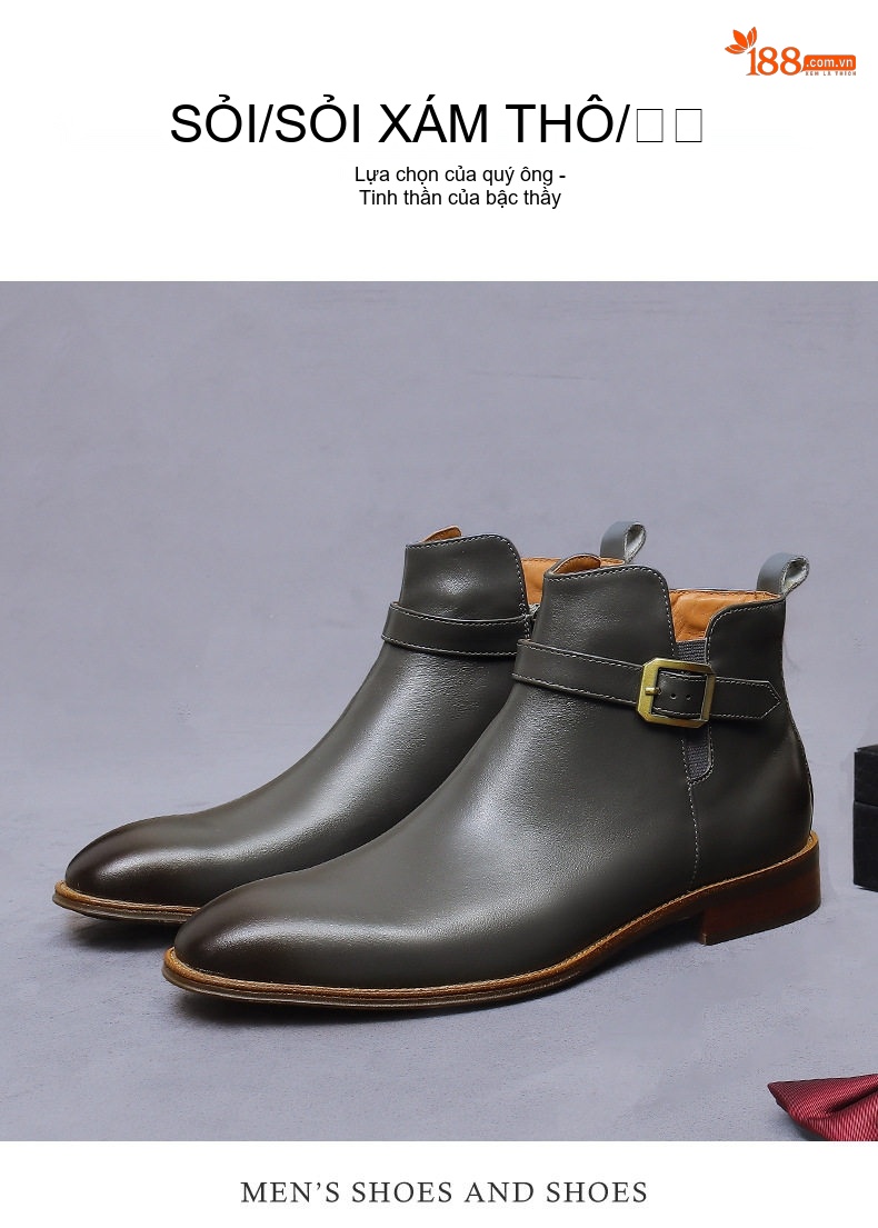Boot Nam Da Bò Khóa Cài Chiều Cao Đế Khoảng 3cm Màu Kem, Xám chi tiết 5