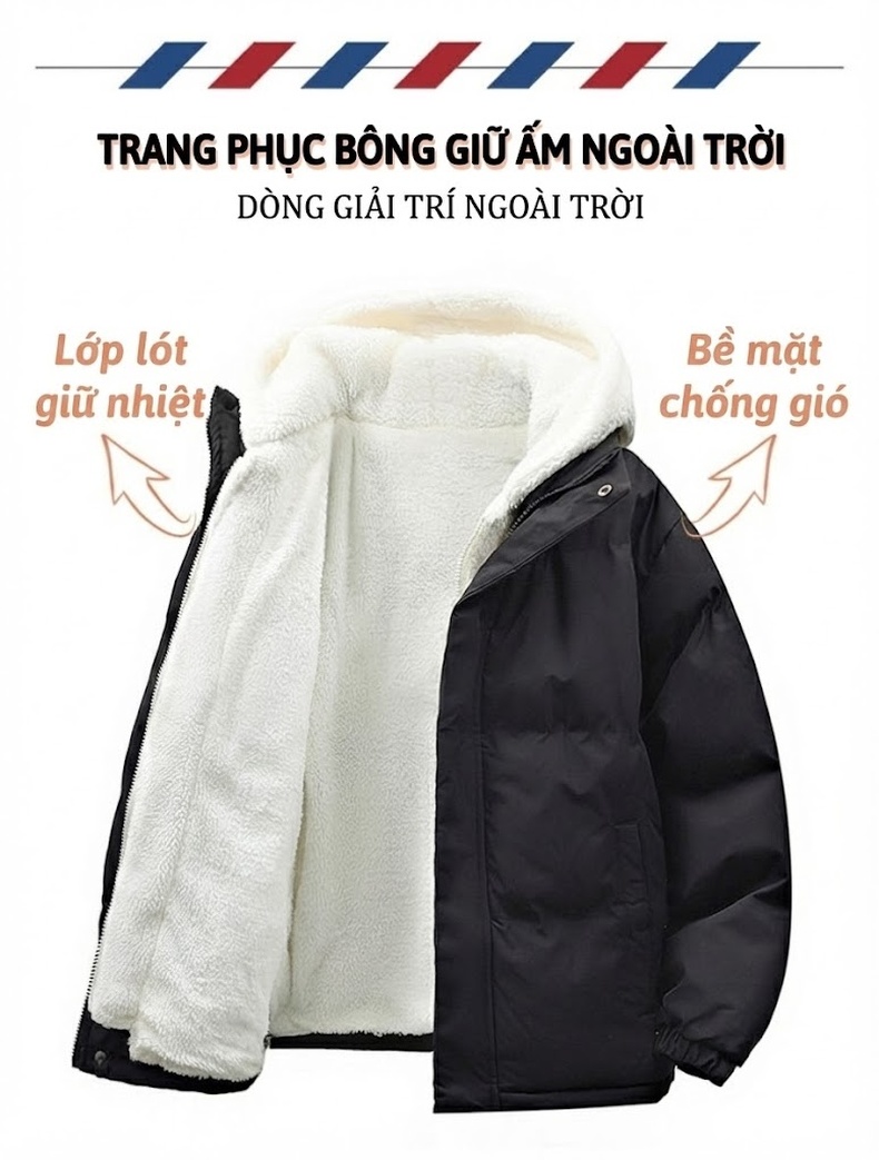 Áo Khoác Cotton Nam Lông Cừu Non Hai Lớp Dày Dặn Có Mũ Trùm Đầu Màu Trắng, Xanh Dương, Xanh Lá, Hồng... chi tiết 3