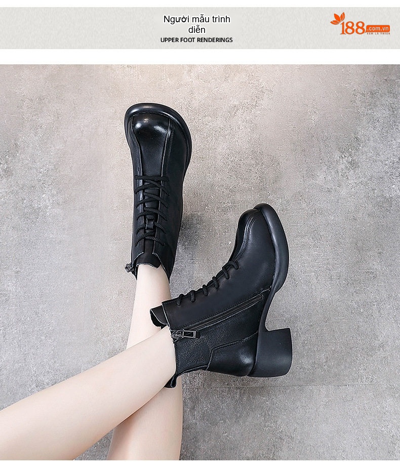 Boot Martin Nữ Da Bò Cổ Ngắn Gót Vuông Chiều Cao Đế Khoảng 5cm Màu Nâu, Đen chi tiết 10