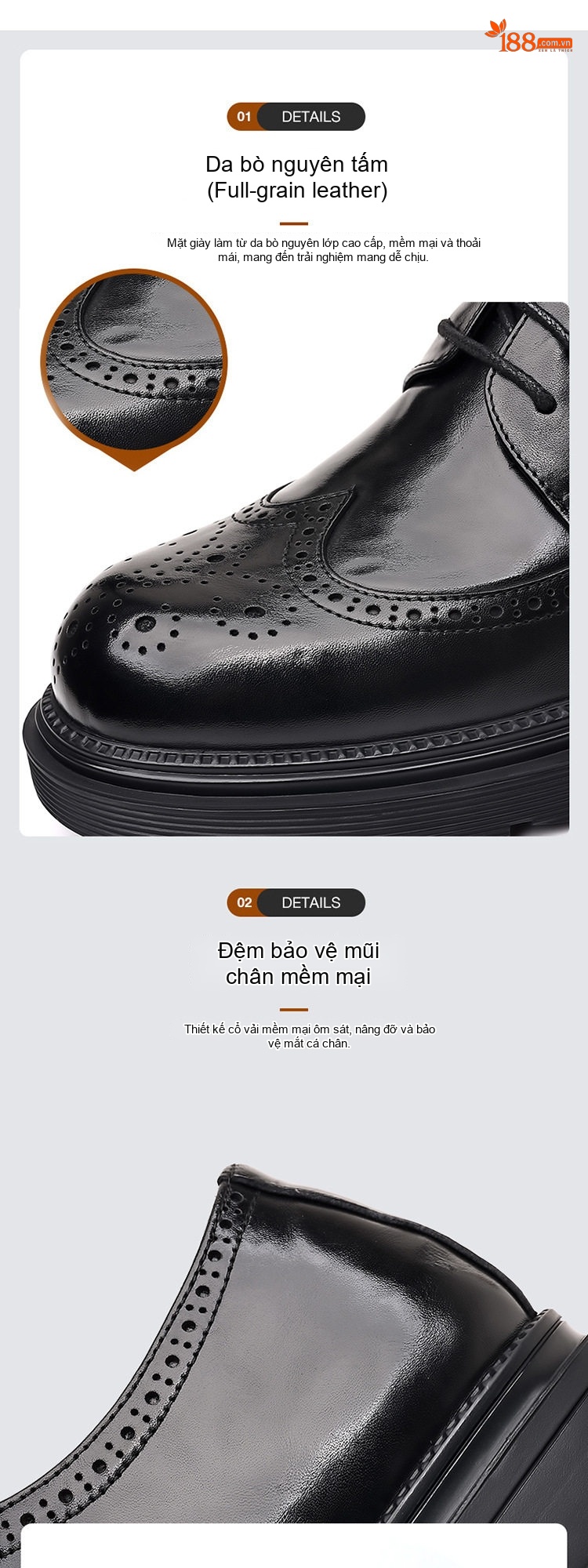 Giày Tây Buộc Dây Nam Da Bò Brogue Chiều Cao Đế Khoảng 4cm Màu Đen, Nâu chi tiết 6