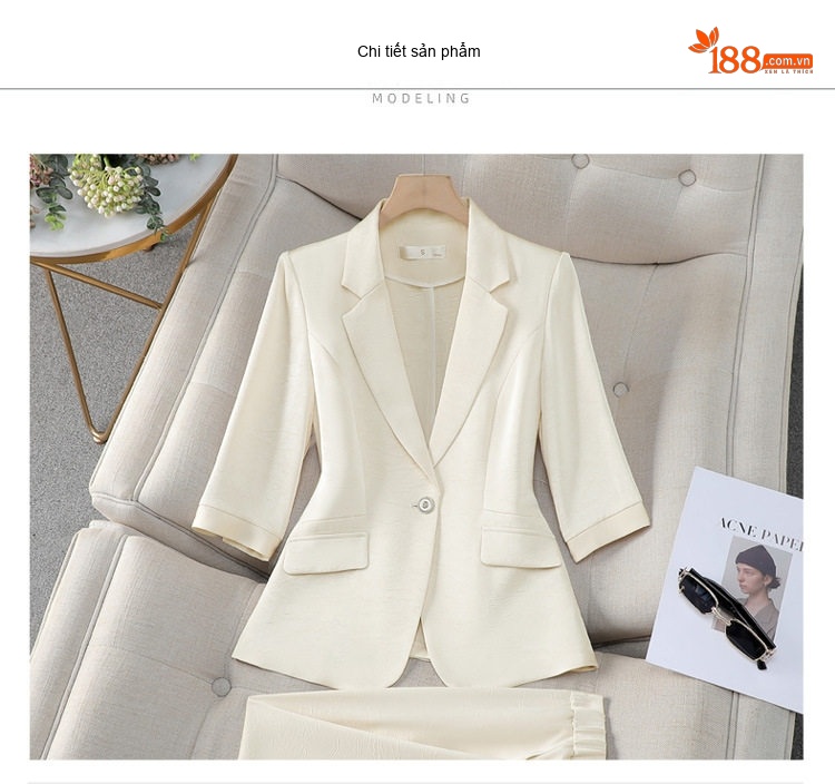 Bộ Vest Nữ Áo Blazer Tay Lỡ Quần Ống Rộng Chất Acetate Satin Phong Cách Công Sở Màu Đen, Trắng Kem, Xanh... chi tiết 22