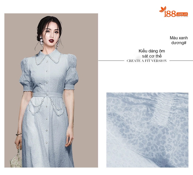 Váy Đầm Nữ Dáng Dài Tay Lồng Đèn Cổ Điển Đính Cườm Thanh Lịch Màu Xanh Lam chi tiết 2