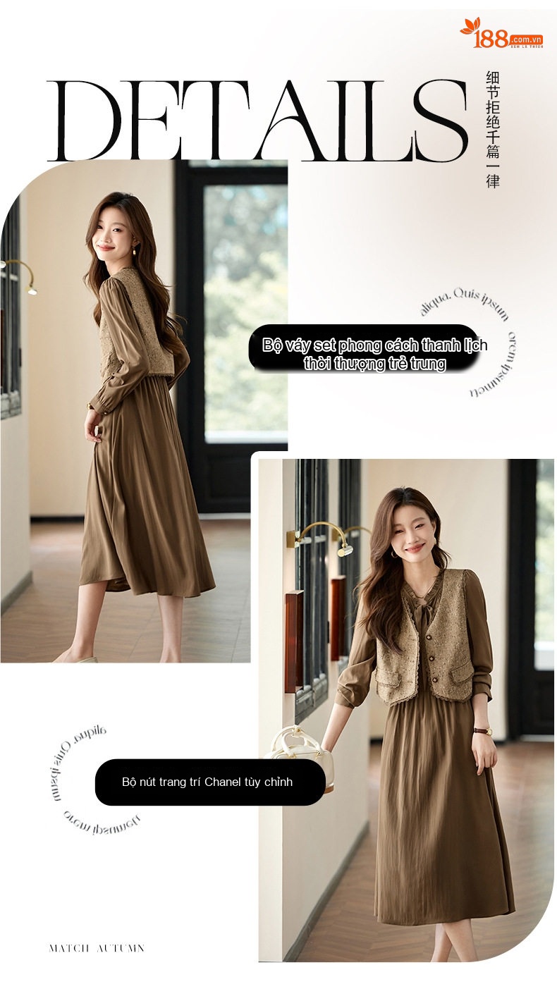 Set Váy Sơ Mi Dài Tay Nữ Kèm Áo Gile Phong Cách Pháp Cổ Điển Màu Nâu chi tiết 2