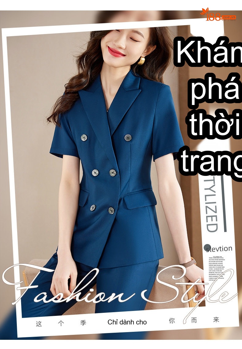 Bộ Vest Công Sở Nữ Tay Ngắn Mỏng Nhẹ Màu Xám, Xanh Than chi tiết 4