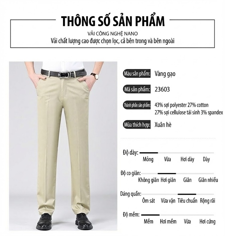 Quần Âu Nam Dáng Suông Mỏng Nhẹ Không Nhăn Cho Bố Trung Niên Màu Đen, Kem, Xám, Be chi tiết 39