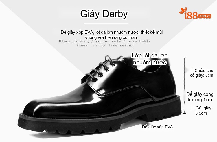 Giày Tây Buộc Dây Nam Da Bóng Mũi Vuông Chiều Cao Đế Khoảng 3cm Màu Đen chi tiết 2