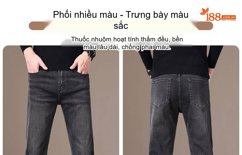 Quần Jean Nam Ống Đứng Co Giãn Lót Lông Cừu Dày Dặn Cao Cấp Màu Xám Đen chi tiết 8