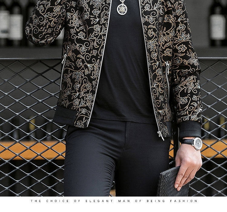 Áo Khoác Bomber Nam Da Cừu In Họa Tiết Slim Fit Màu Đen chi tiết 6