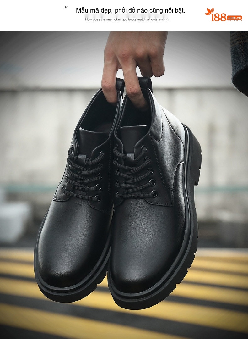 Giày Boot Nam Cổ Lửng Da Bóng Buộc Dây Chiều Cao Đế Khoảng 4cm Màu Đen chi tiết 3