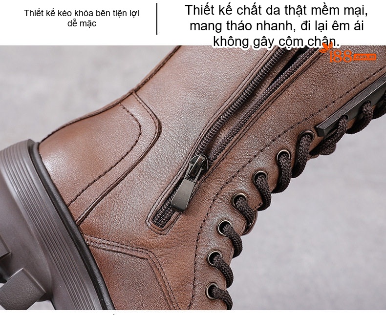 Boot Martin Nữ Da Bò Cổ Lửng Khóa Cài Phong Cách Anh Chiều Cao Đế Khoảng 5cm Màu Nâu, Đen chi tiết 7