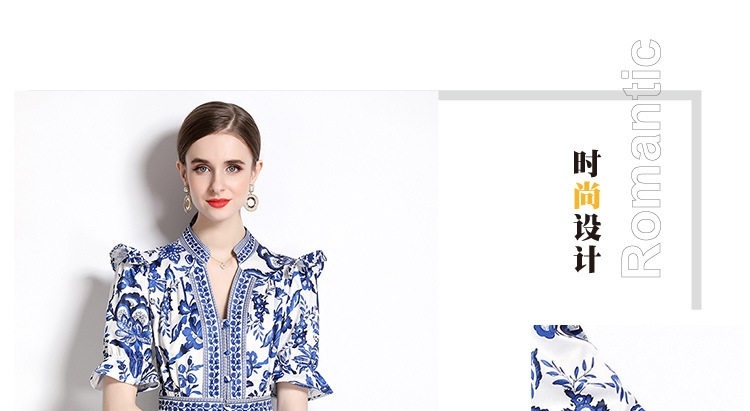 Váy Chữ A Nữ Cổ chữ V Tay Loe Thắt Eo Họa Tiết Cổ Điển Màu Trắng, Xanh Lam chi tiết 5
