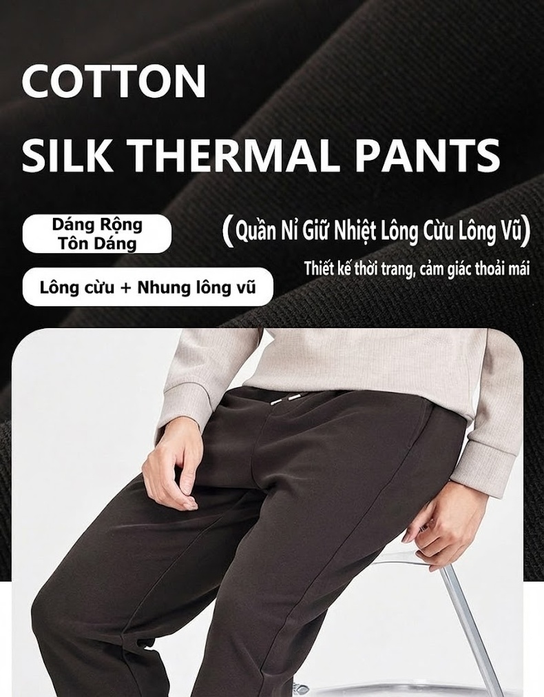 Quần Dài Nam Ống Suông Giữ Ấm Lót Lông Cừu Co Giãn Thoải Mái Màu Đen, Xanh Navy chi tiết 1