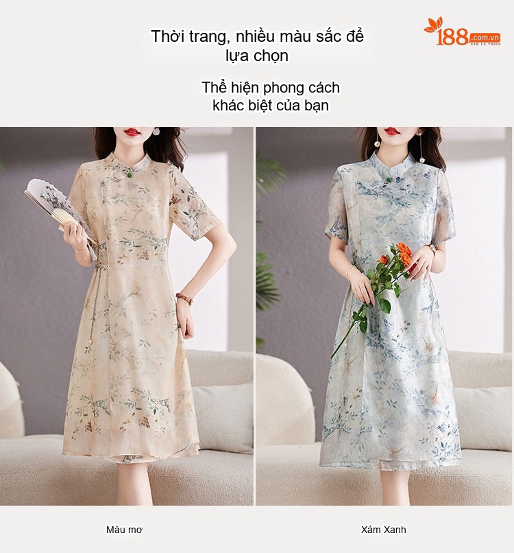 Váy liền thân Nữ Cổ Tàu Tay Ngắn Họa Tiết Hoa Lá Dáng Ôm chi tiết 7