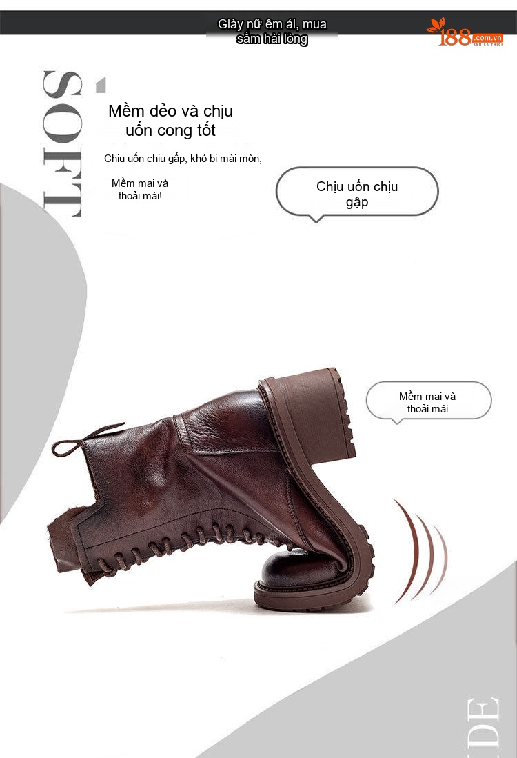 Boot Martin Nữ Da Bò Gót Vuông Chiều Cao Đế Khoảng 5cm Khóa Kéo Bên Hông Màu Đen, Nâu chi tiết 2