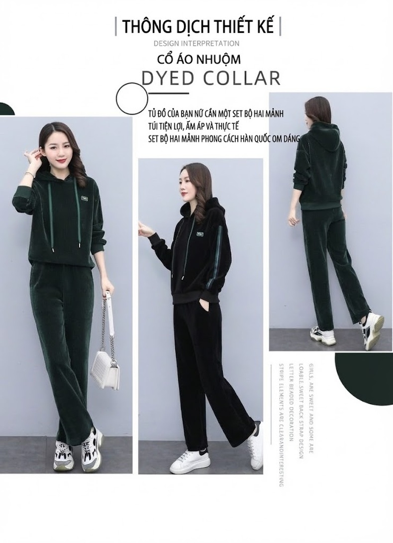 Bộ Đồ Nỉ Nhung Dài Tay Có Mũ Thu Đông Phong Cách Thời Trang Màu Xanh Lá chi tiết 5