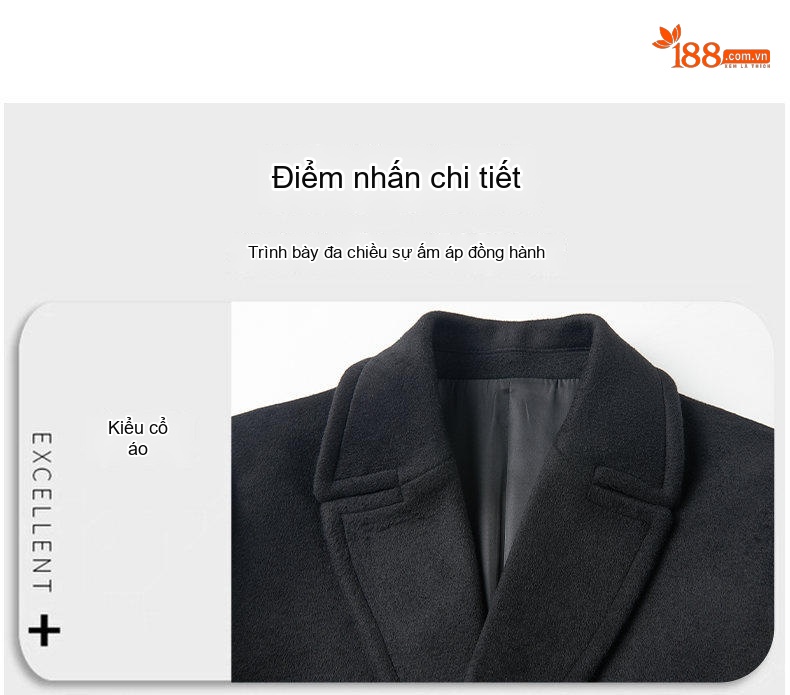 Áo Khoác Dạ Nam Lông Cừu Non Dáng Dài Vừa Ve Áo Chữ V Màu Xám, Đen chi tiết 12