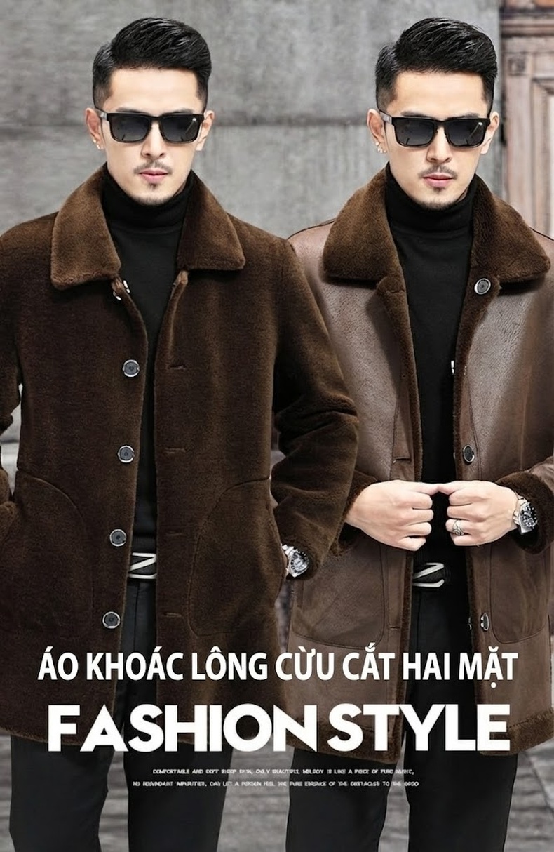 Áo Khoác Da Lông Nam Lông Cừu Non Dáng Dài Vừa Cổ Bẻ Hai Mặt Màu Nâu, Đen chi tiết 1