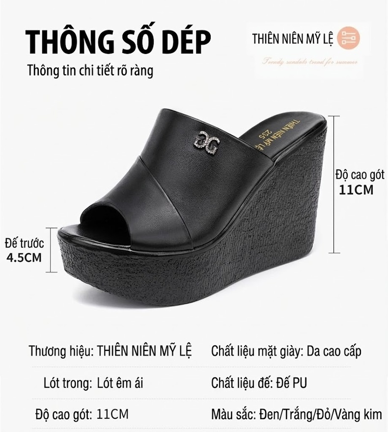 Dép Xuồng Nữ Hở Mũi Da Bóng Chiều Cao Đế 11cm Màu Đen, Đỏ, Trắng, Vàng... chi tiết 4