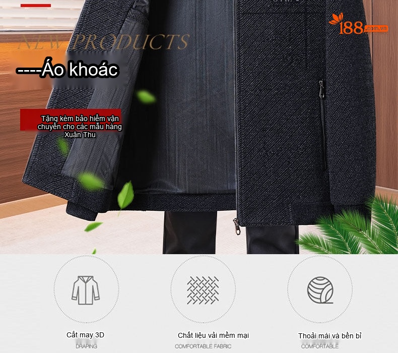 Áo Khoác Nam Trung Niên Chenille Lót Bông Dày Dặn Cổ Trụ Màu Đen, Xám chi tiết 2