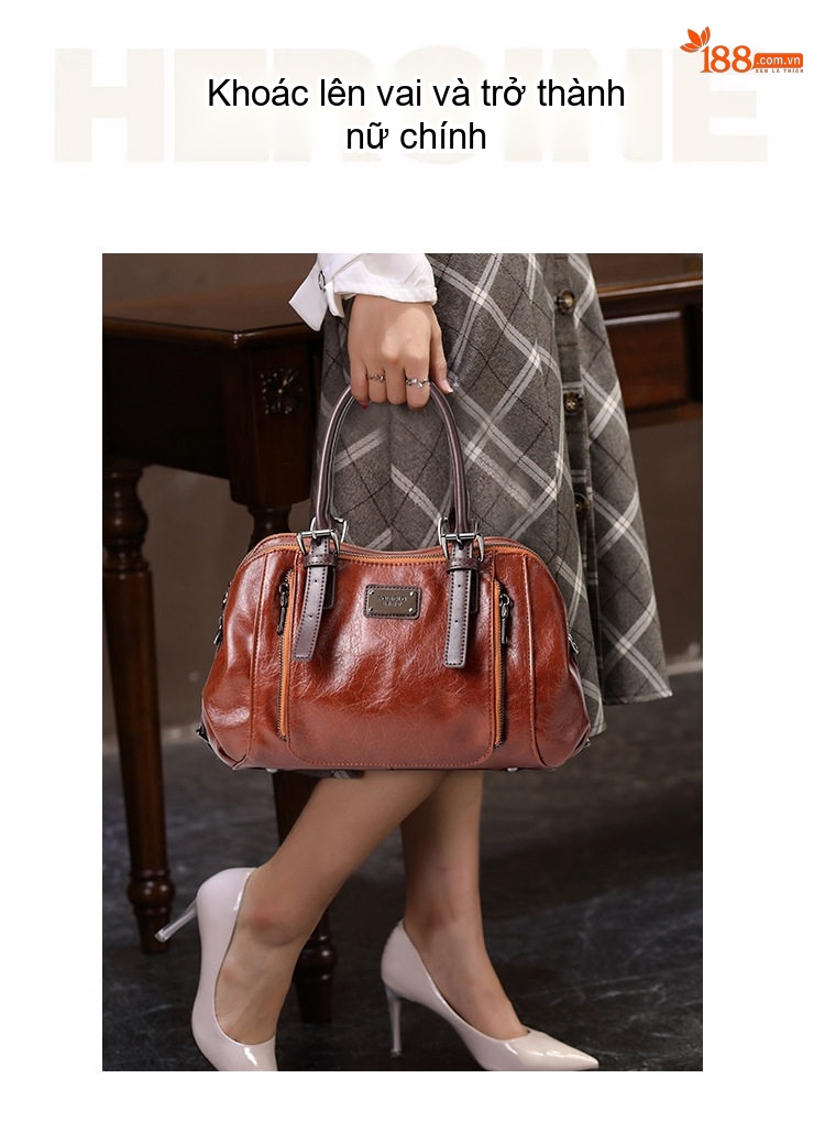 Túi Xách Nữ Da Bóng Vintage Đeo Vai, Đeo Chéo, Xách Tay Nhiều Ngăn Màu Nâu, Đen, Xanh Rêu, Đỏ... chi tiết 8