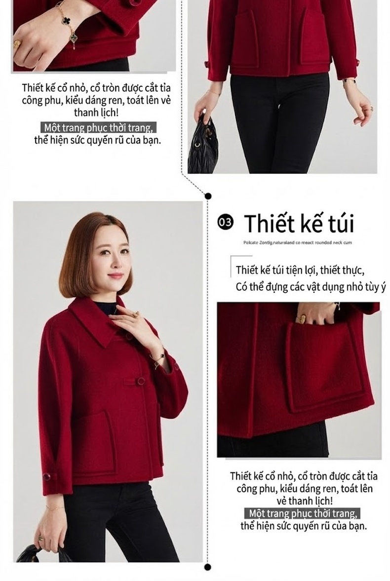 Áo Khoác Dạ Alpaca Hai Mặt Dáng Ngắn Màu Đỏ, Xanh Olive chi tiết 8