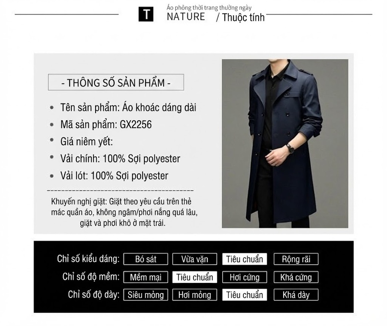 Áo Khoác Măng Tô Nam Dáng Dài Không Nhăn Kiểu Vest Hai Hàng Khuy Màu Be, Đen, Xanh Navy chi tiết 7