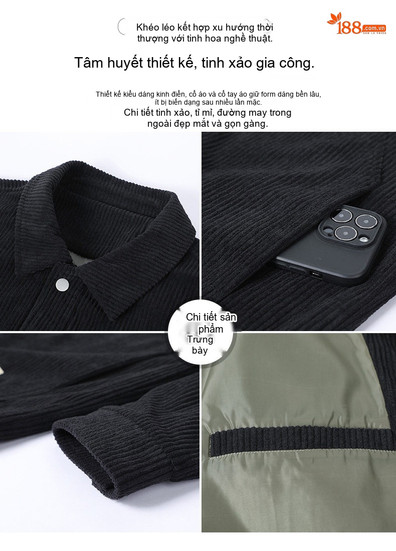 Áo Khoác Nam Cổ Bẻ Vải CORDUROY Dáng Bomber Màu Đen, Kem, Xanh Olive chi tiết 5