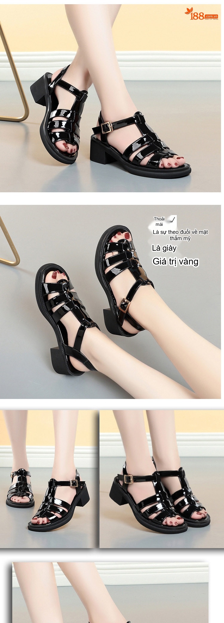 Dép Sandal Nữ Quai Dây Da Bóng Đế Cao 5cm - 6cm Màu Trắng, Đen chi tiết 8