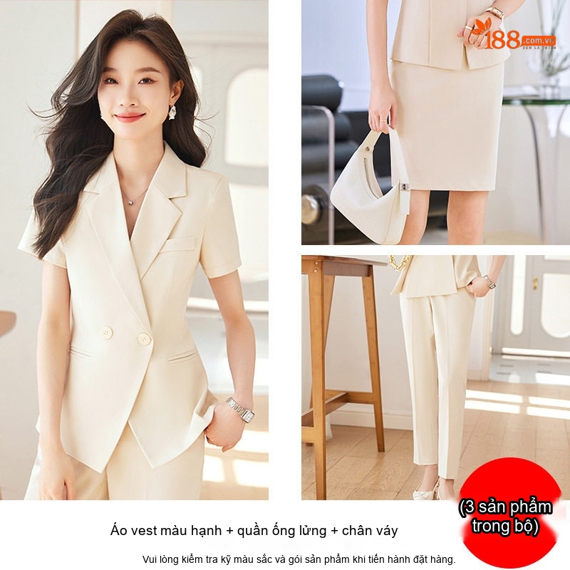 Áo Vest Nữ Tay Ngắn Mỏng Mát Phong Cách Công Sở Màu Kem, Đen, Xám, Xanh Navy...