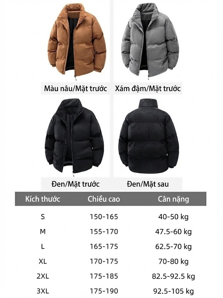 Áo Khoác Cotton Nam Nữ Cổ Trụ Dáng Rộng Màu Đen, Nâu, Xám