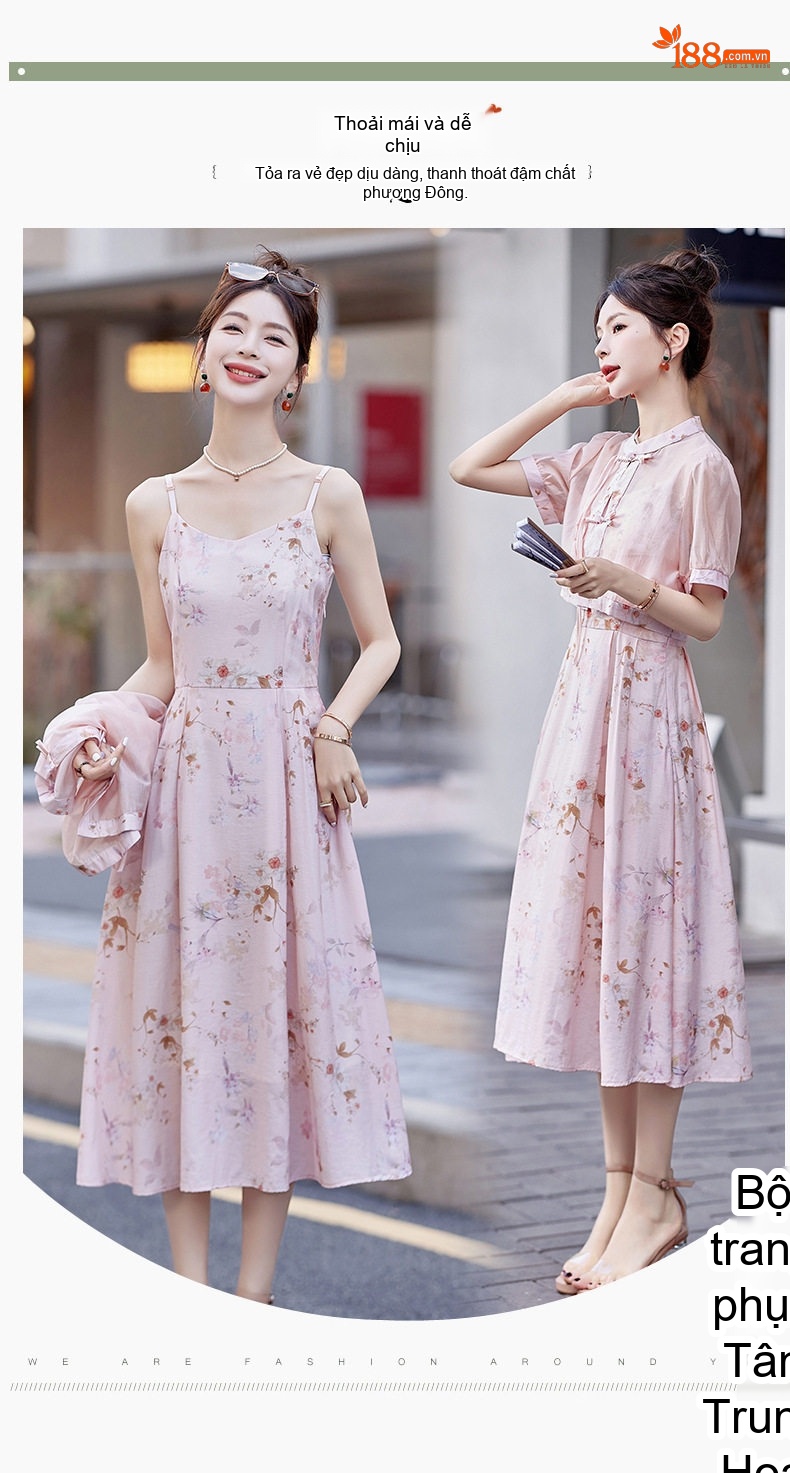 Váy Bộ Quốc Phong Trung Hoa Cách Tân Nữ Thiết Kế Khóa Cài Thanh Lịch Phong Cách Nhỏ Nhắn Màu Trắng, Hồng chi tiết 5