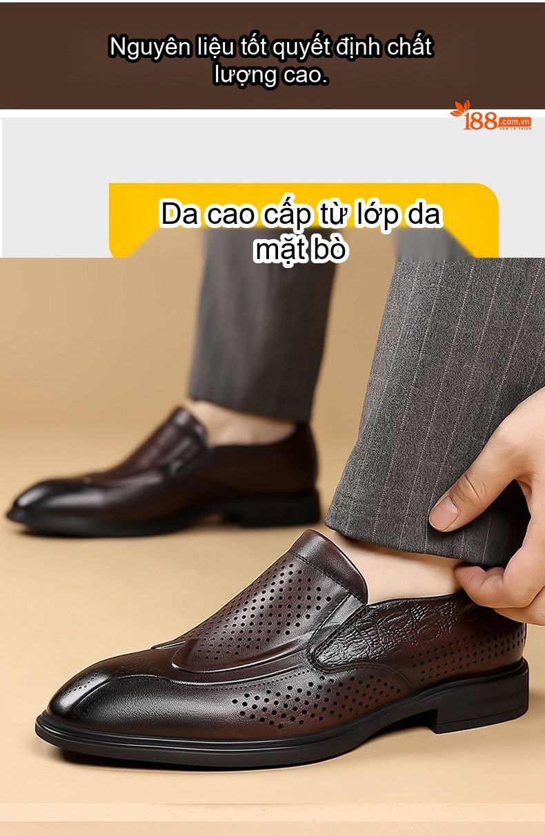 Giày Lười Nam Da Bò Đục Lỗ Thoáng Khí Chiều Cao Đế Khoảng 2cm Màu Đen, Nâu chi tiết 7