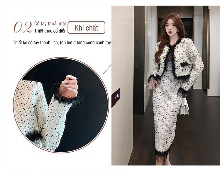 Set Áo Khoác Lửng và Chân Váy Tweed Phong Cách Tiểu Thư Viền Tua Rua Màu Trắng, Đen chi tiết 3
