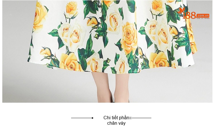 Váy Dáng Dài Nữ Hở Lưng Cổ Tròn Không Tay, Eo Ôm, dáng chữ A Màu Trắng Hoa Vàng chi tiết 11