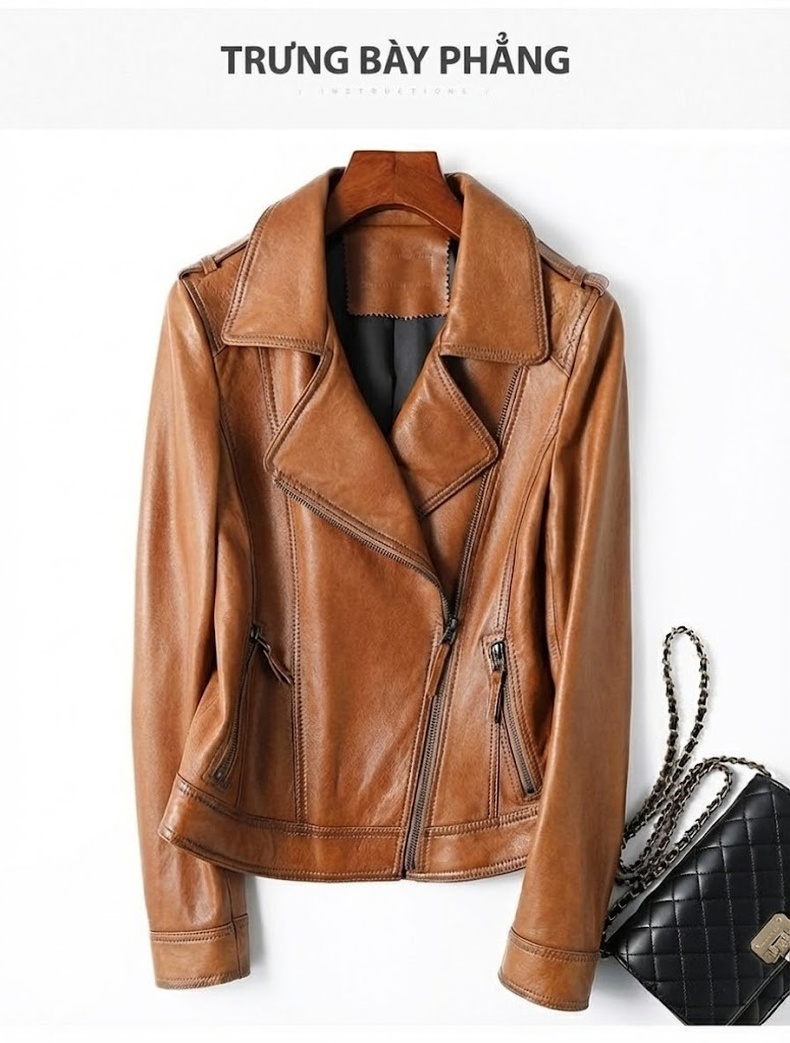 Áo Khoác Da Cừu Nữ Dáng Ngắn Cổ chữ Vest Phong Cách Biker Công Sở Màu Nâu, Đen chi tiết 1