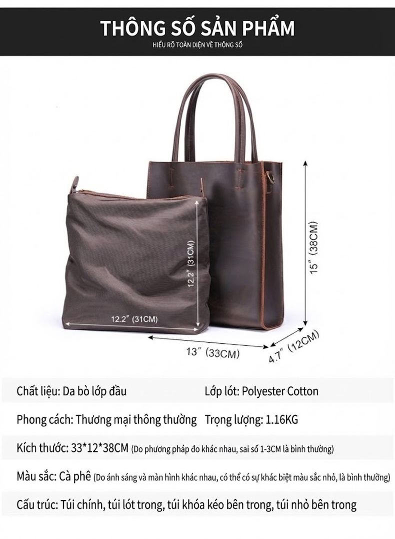 Túi Đeo Vai/Đeo Chéo Nam Da Thật Túi Tote Da Bò Sáp Màu Nâu chi tiết 3