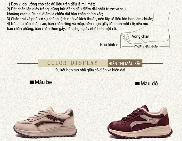 Giày Thể Thao Nữ Lót Lông Đi Mùa Đông Chiều Cao Đế Khoảng 4cm Màu Nâu, Kem chi tiết 3