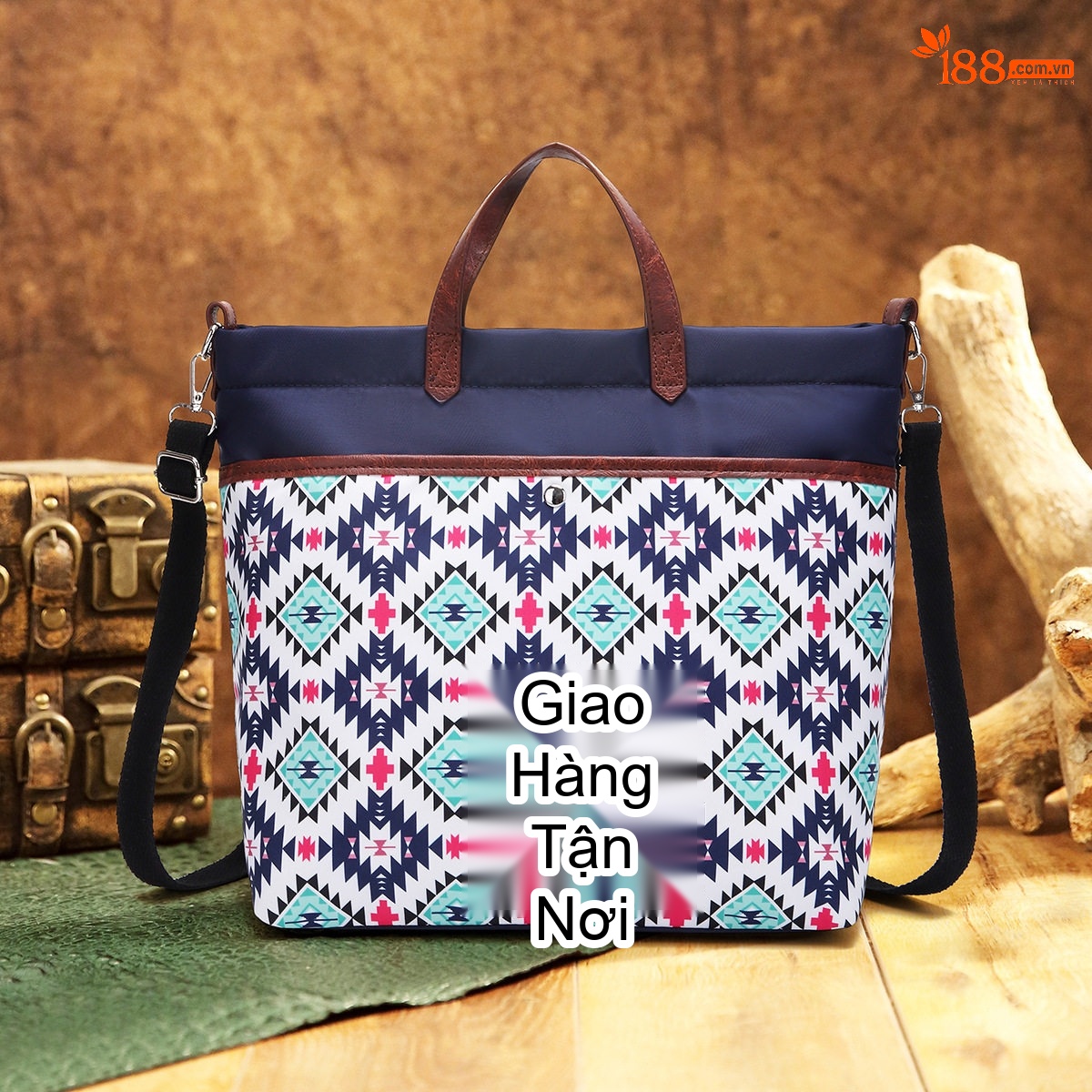 Túi Xách Tay Nữ Vải Canvas Họa Tiết Aztec Vintage Chống Nước Đeo Vai Đựng Laptop Màu Xanh, Nâu, Xanh Navy, Kem...