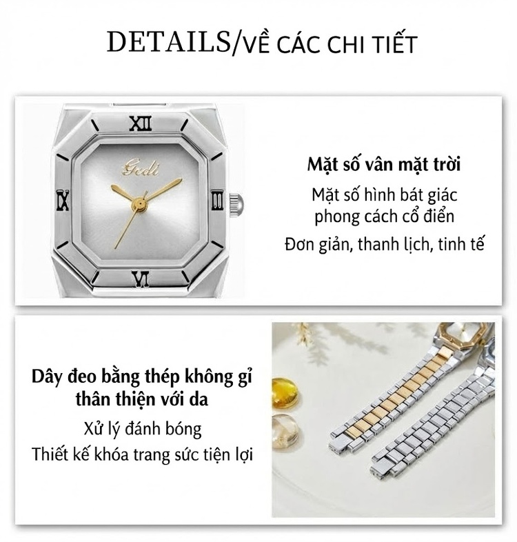 Đồng Hồ Nữ Gedi Dây Kim Loại Mạ Vàng Mặt Vuông Quartz Cao Cấp Màu Vàng, Bạc, Đen chi tiết 12