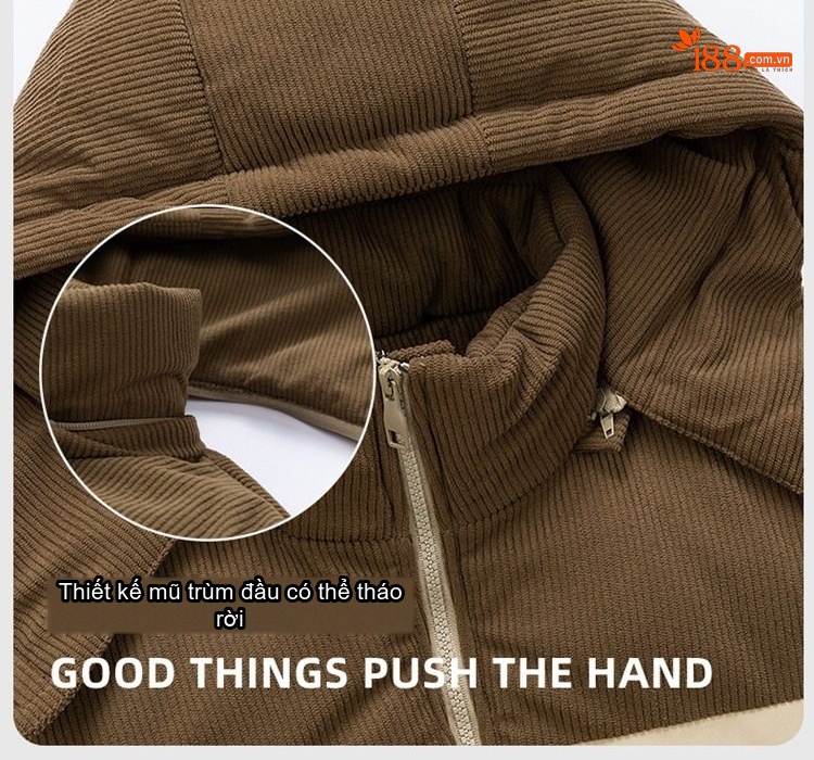 Áo Khoác Phao Nam Nữ Cotton Lót Dày Mũ Rời Chất Liệu Vải Lanh Màu Be, Đen, Xanh Lá, Hồng... chi tiết 14