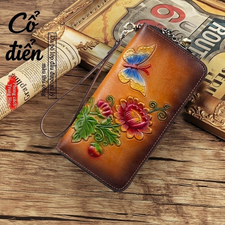 Ví Nữ Da Bò Dáng Dài Khóa Kéo Phong Cách Cổ Điển Màu Nâu, Xanh Navy chi tiết 4