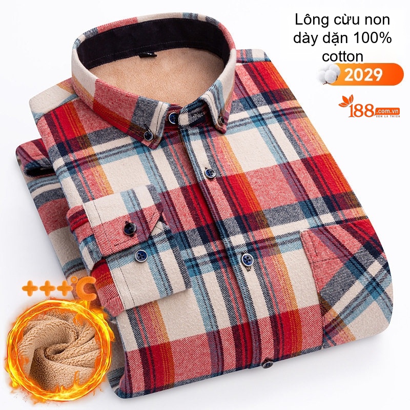 Áo Sơ Mi Nam Ca Rô Lông Cừu Non Cotton Dày Dặn Giữ Ấm Màu Đen, Đỏ, Xanh Dương, Xanh Lá...